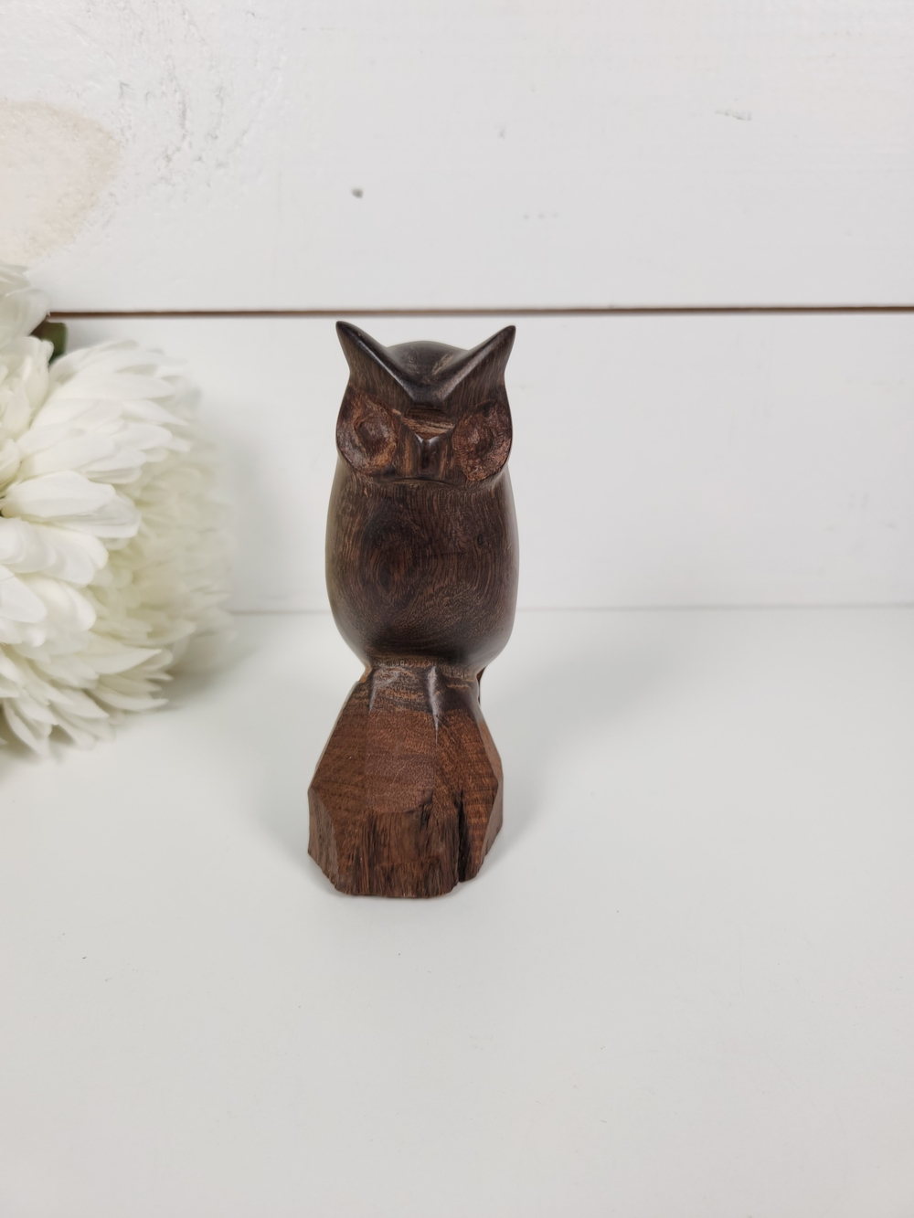 Small Vintage Hand Carved Wood Owl Figurine 5" - MCM- Boho- Folk Art Owl